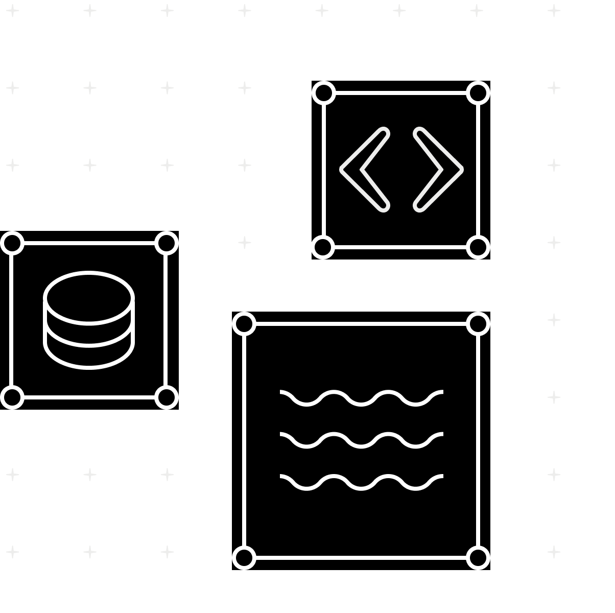 Three squares each with a line drawing inside: a data tower, code brackets, and three wiggling lines representing water